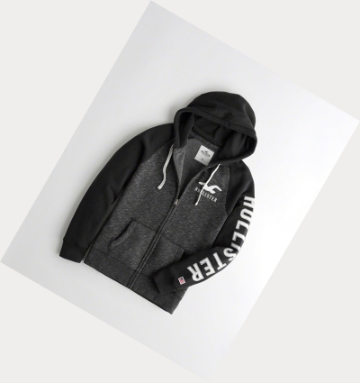 Black Men's Hollister Applique Logo Full-Zip Hoodie | UK-132LYUW