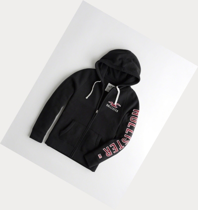 Black Men's Hollister Applique Logo Full-Zip Hoodie | UK-540GXFH