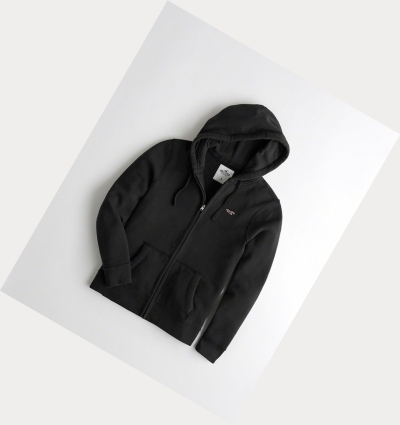 Black Men's Hollister Full-Zip Icon Hoodie | UK-560VAFD