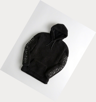 Black Men's Hollister Graphic Sherpa Hoodie | UK-184AZHP