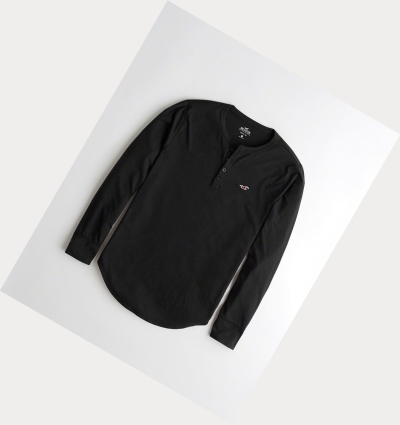 Black Men's Hollister Henley Long Sleeve | UK-789VPHK