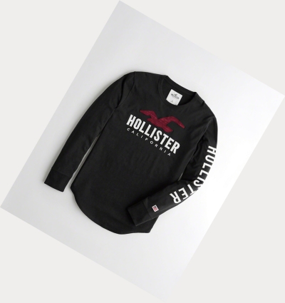 Black Men's Hollister Logo Long Sleeve | UK-894KAXP