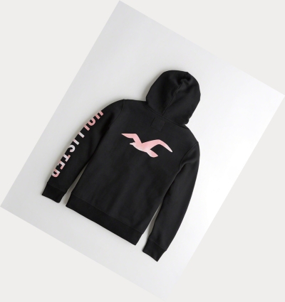 Black Men's Hollister Print Logo Hoodie | UK-409PHWB