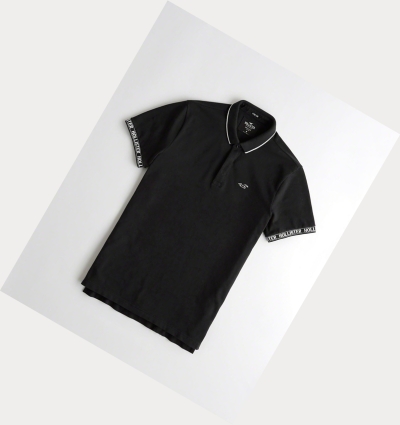 Black Men's Hollister Stretch Logo Polo Shirts | UK-561PZCY