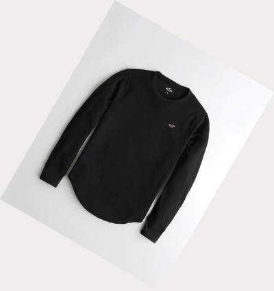 Black Men's Hollister Waffle Curved Hem Long Sleeve | UK-071NSIX