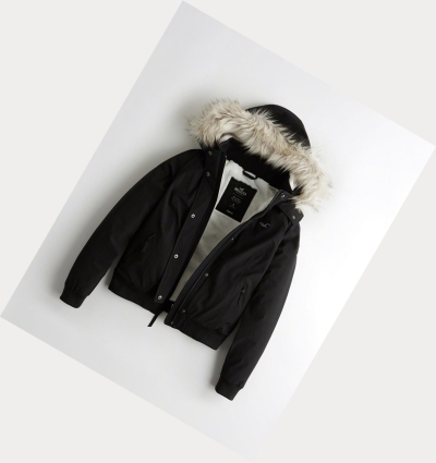 Black Women's Hollister Cozy-Lined Hooded Bomber Jackets | UK-019HKPR