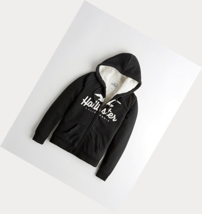 Black Women's Hollister Sherpa-Lined Full-Zip Hoodie | UK-432TOZG