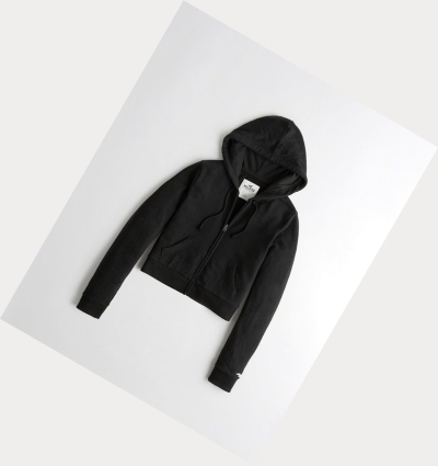 Black Women's Hollister Ultra Crop Full-Zip Hoodie | UK-890CQEL