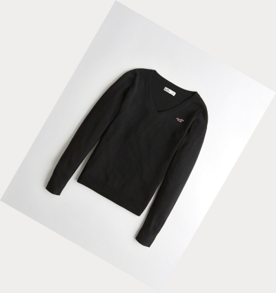 Black Women's Hollister V-Neck Sweaters | UK-360NPBM