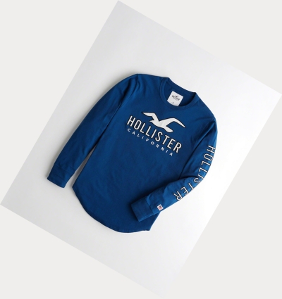 Blue Men's Hollister Logo Long Sleeve | UK-180DMKE