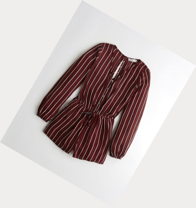 Burgundy Stripes Women's Hollister Button-Front Woven Rompers | UK-956OYJT