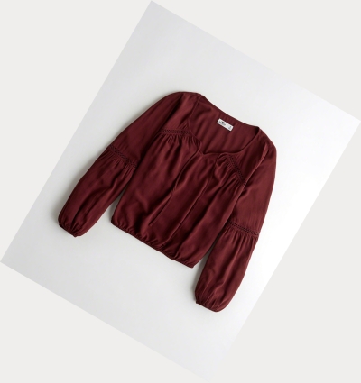 Burgundy Women's Hollister Balloon-Sleeve Peasant Long Sleeve | UK-579IKDT