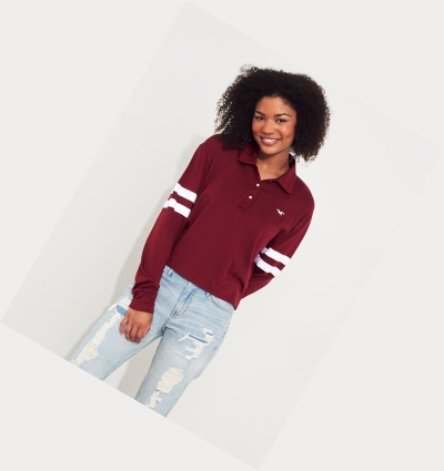 Burgundy Women's Hollister Crop Boyfriend Polo Shirts | UK-819WFOH