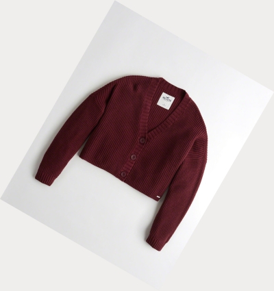 Burgundy Women's Hollister Crop Cardigan Sweaters | UK-940TGLI