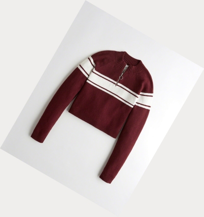 Burgundy Women's Hollister Crop Half-Zip Sweaters | UK-283TDJO