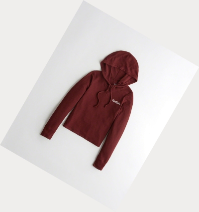 Burgundy Women's Hollister Hooded Waffle Boyfriend Long Sleeve | UK-039VZFQ