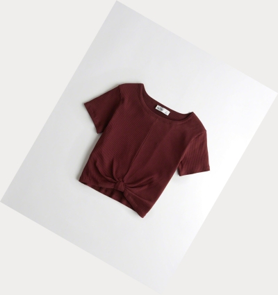 Burgundy Women's Hollister Knot-Front Crop Short Sleeve | UK-142CHWV