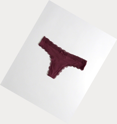 Burgundy Women's Hollister Lace-Trim Thong Underwear | UK-402DGQZ