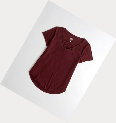 Burgundy Women's Hollister Lace-Up Easy Short Sleeve | UK-805APWN