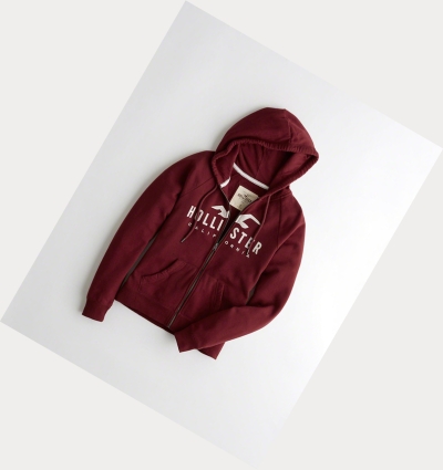 Burgundy Women's Hollister Logo Graphic Full-Zip Hoodie | UK-217AKFL