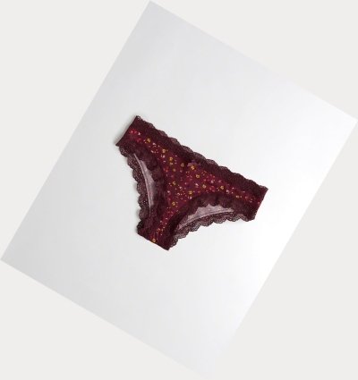 Burgundy Women's Hollister Patterned Lace-Trim Cheeky Underwear | UK-609ERNI