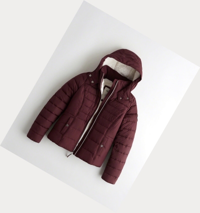 Burgundy Women's Hollister Sherpa-Lined Puffers | UK-241YHWC