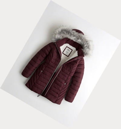 Burgundy Women's Hollister Sherpa-Lined Puffer Parka Jackets | UK-591MIGA