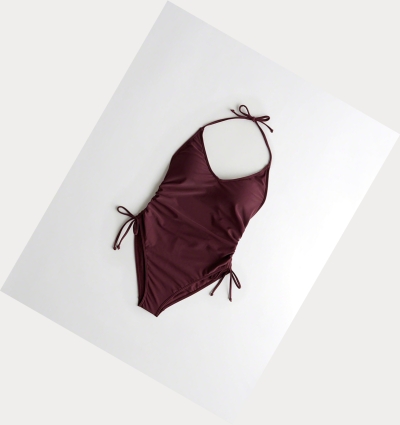 Burgundy Women's Hollister Side-Tie Halter One-Piece Swimwear | UK-462HIZX