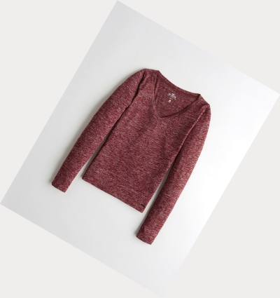 Burgundy Women's Hollister Slim V-Neck Long Sleeve | UK-385CNGJ