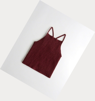 Burgundy Women's Hollister Smocked High-Neck Tanks | UK-891DYBP