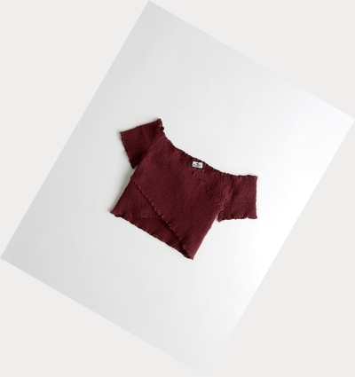 Burgundy Women's Hollister Smocked Wrap Off-The-Shoulder Crop Short Sleeve | UK-635YBKW