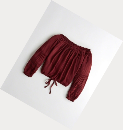 Burgundy Women's Hollister Tie-Front Off-The-Shoulder Long Sleeve | UK-075JPWA