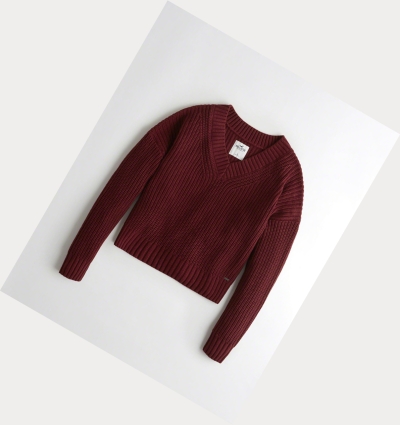 Burgundy Women's Hollister V-Neck Sweaters | UK-831PRYG