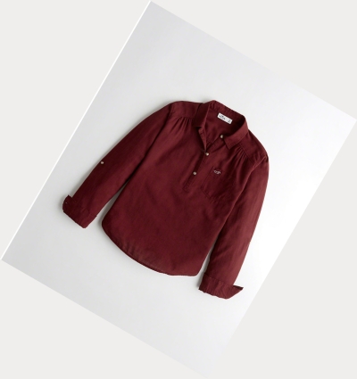 Burgundy Women's Hollister Woven Popover Long Sleeve | UK-264EBSF