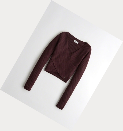 Burgundy Women's Hollister Wrap-Front Sweaters | UK-597GLTI