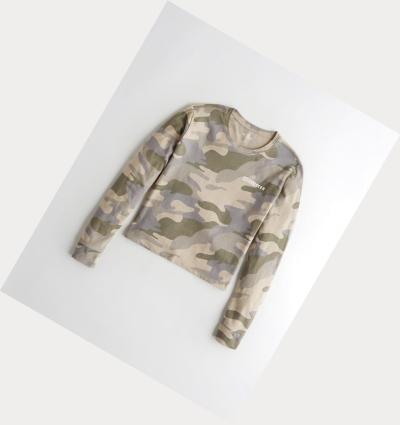 Camo Women's Hollister Logo Crop Long Sleeve | UK-385JUIY