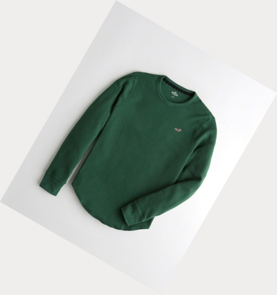 Dark Green Men's Hollister Waffle Curved Hem Long Sleeve | UK-874THCA