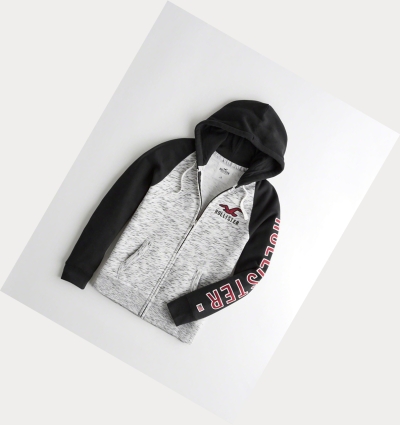 Grey Black Men's Hollister Applique Logo Full-Zip Hoodie | UK-870ACFR