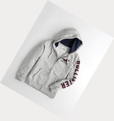 Grey Men's Hollister Applique Logo Full-Zip Hoodie | UK-321NZCY