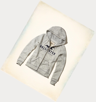 Grey Women's Hollister Graphic Full-Zip Hoodie | UK-453NPBC