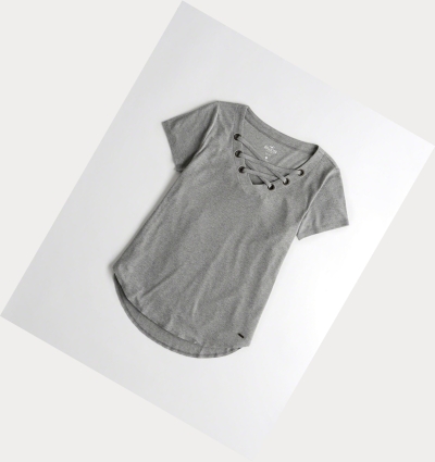 Grey Women's Hollister Lace-Up Easy Short Sleeve | UK-825UBTS