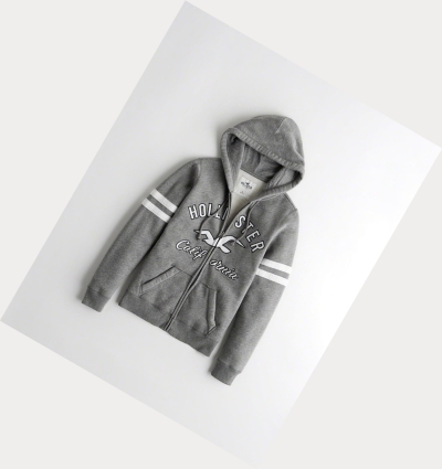 Grey Women's Hollister Logo Graphic Full-Zip Hoodie | UK-257BGEW