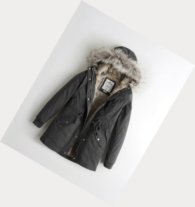 Grey Women's Hollister Stretch Faux-Fur-Lined Parka Jackets | UK-824DJIE