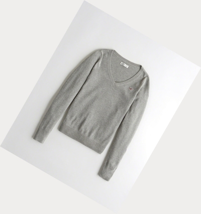 Grey Women's Hollister V-Neck Sweaters | UK-342MFIN