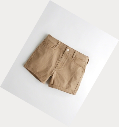 Khaki Women's Hollister High-Rise Twill Midi Shorts | UK-048AVFD