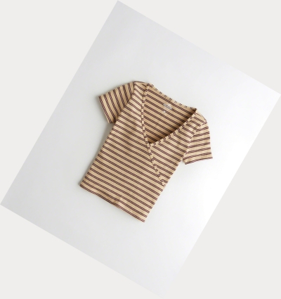 Light Brown Stripes Women's Hollister Ribbed Wrap-Front Short Sleeve | UK-841RFBU