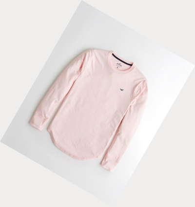 Light Pink Men's Hollister Curved Hem Long Sleeve | UK-134RSDI