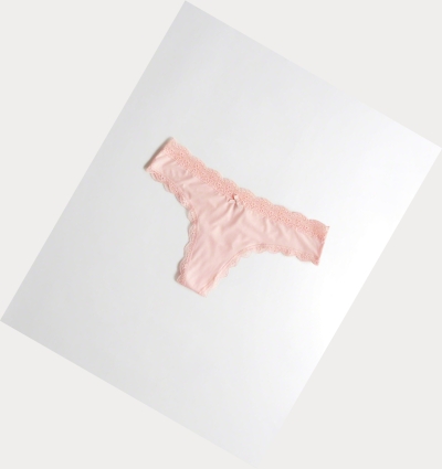 Light Pink Women's Hollister Lace-Trim Thong Underwear | UK-094QCMV