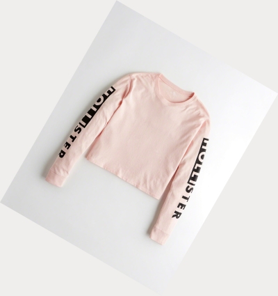 Light Pink Women's Hollister Logo Crop Long Sleeve | UK-049VYZW