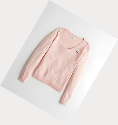 Light Pink Women's Hollister V-Neck Sweaters | UK-270QVZL